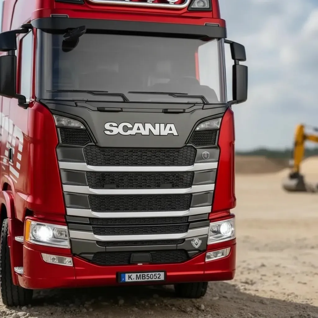 Frente do caminhão Scania 770S com faróis acesos