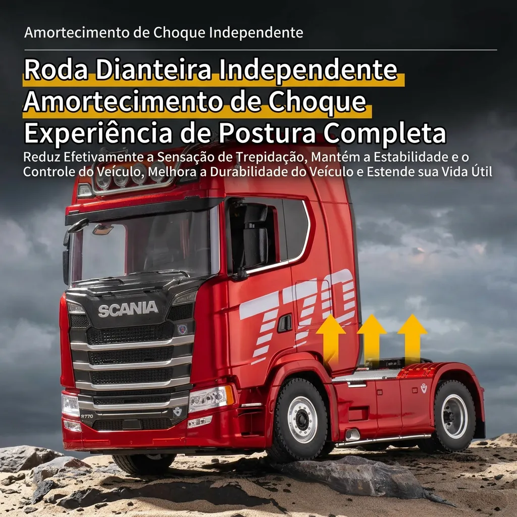 Miniatura Scania 770S em terreno irregular mostrando a suspensão dianteira